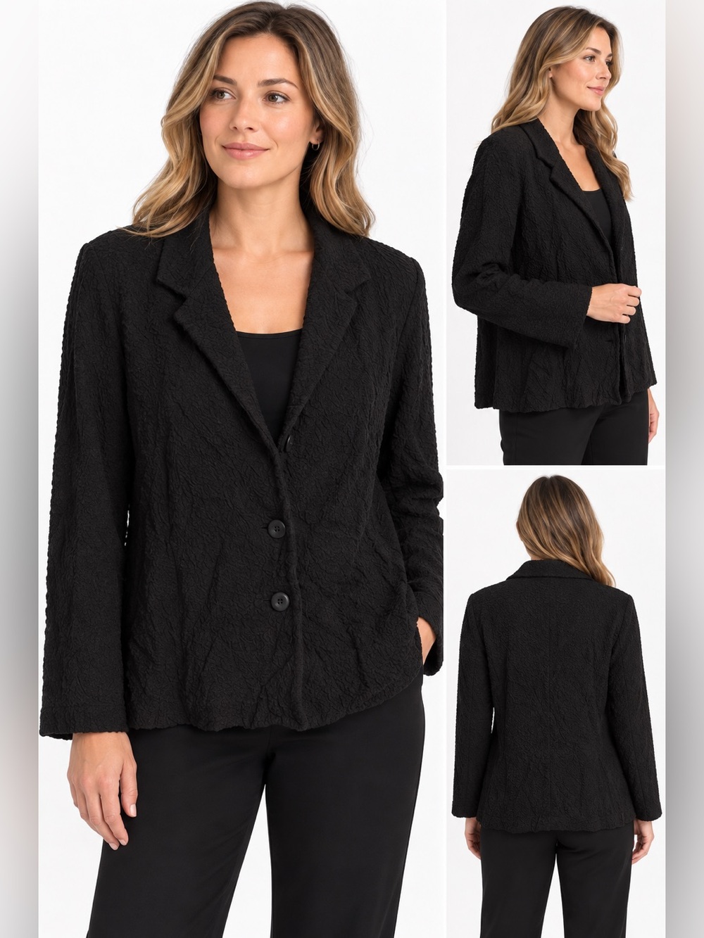 Eileen Fisher Blazer Womens Large Black Crinkle Textured Button Front Jacket